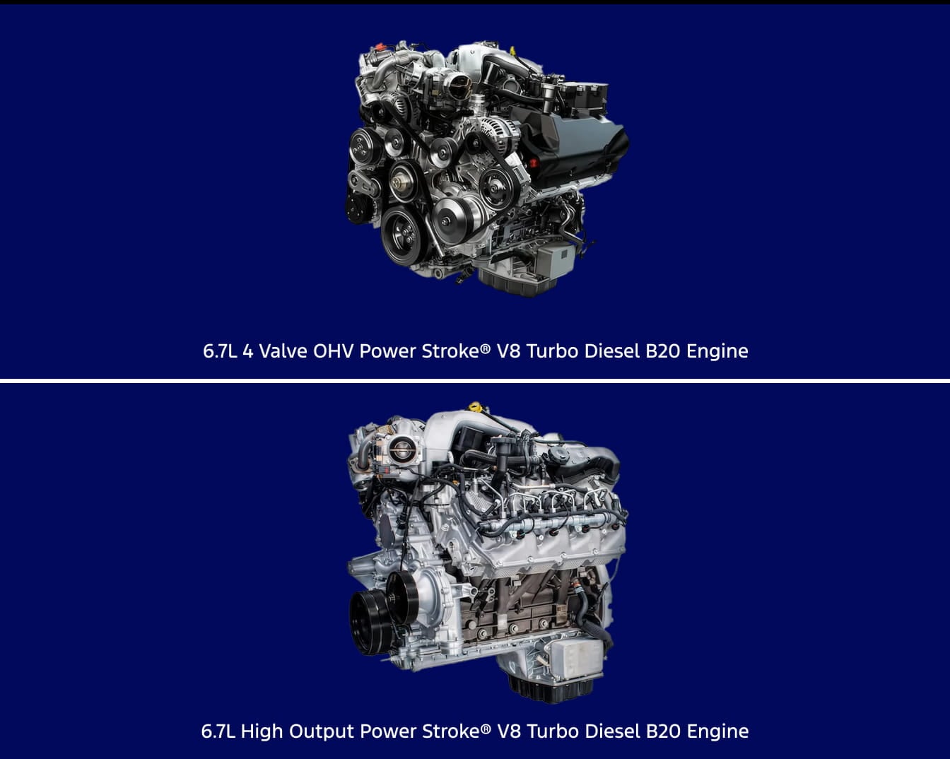 Two Ford Power Stroke V8 turbo diesel engines displayed on a blue background.