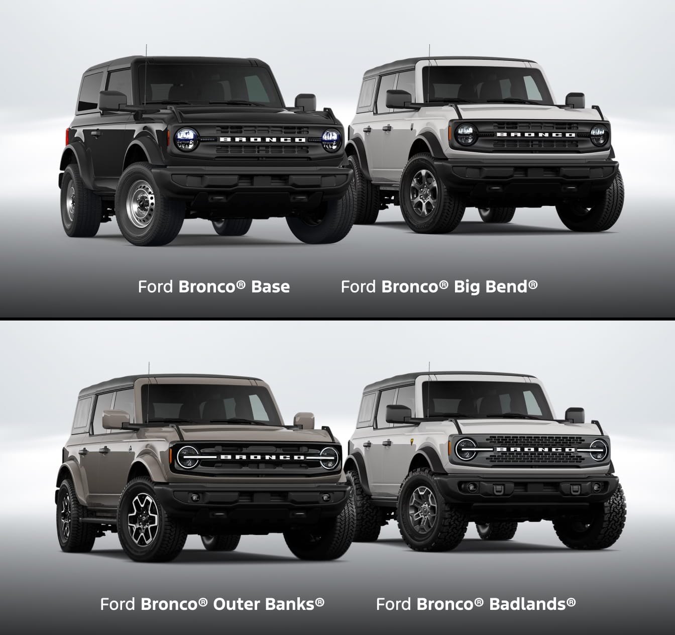 Four Ford Bronco trims with descriptions written underneath: Ford Bronco Base, Ford Bronco Big Bend, Ford Bronco Outer Banks, Ford Bronco Badlands