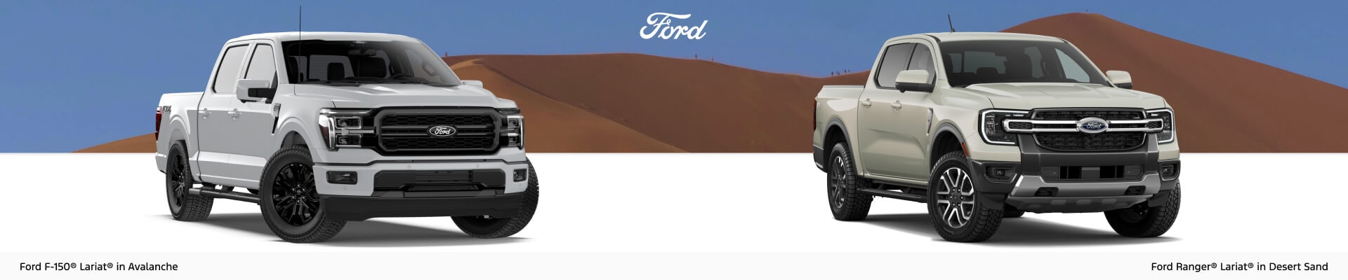 2026 Ford F-150 & Ford Ranger with the Ford Logo over a sand dune backdrop