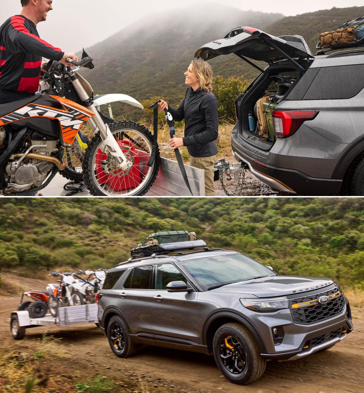 2026 Ford Explorer Tremor in Marsh Gray hauling dirt bikes off-road