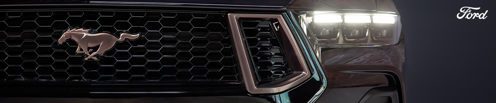 Macro detail shot of a 2026 a Black Ford Mustang GT front grille featuring Bronze Pony badge and grille nostril accents.