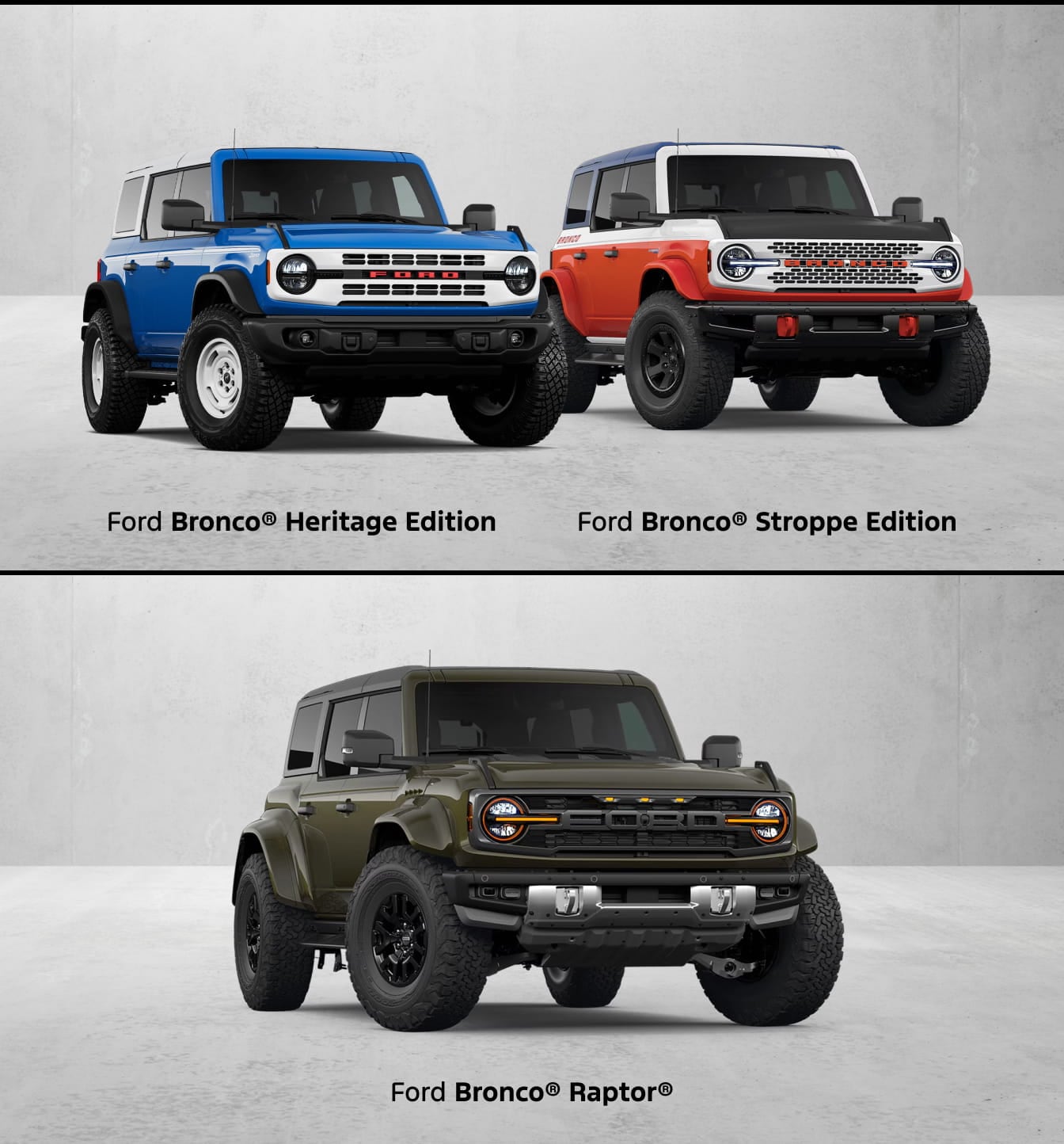 Three Ford Bronco Trims with descriptions underneath: Ford Bronco Heritage Edition, Ford Bronco Stroppe Edition, and Ford Bronco Rapt