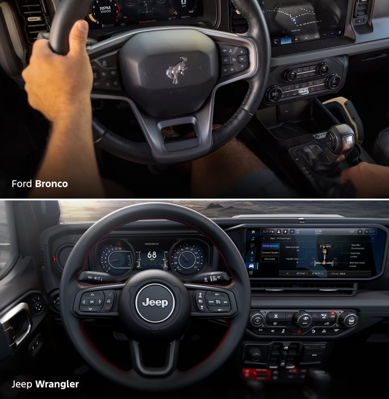 Interior shots of the driver's wheel inside a Ford Bronco over the same shot in a Jeep Wrangler