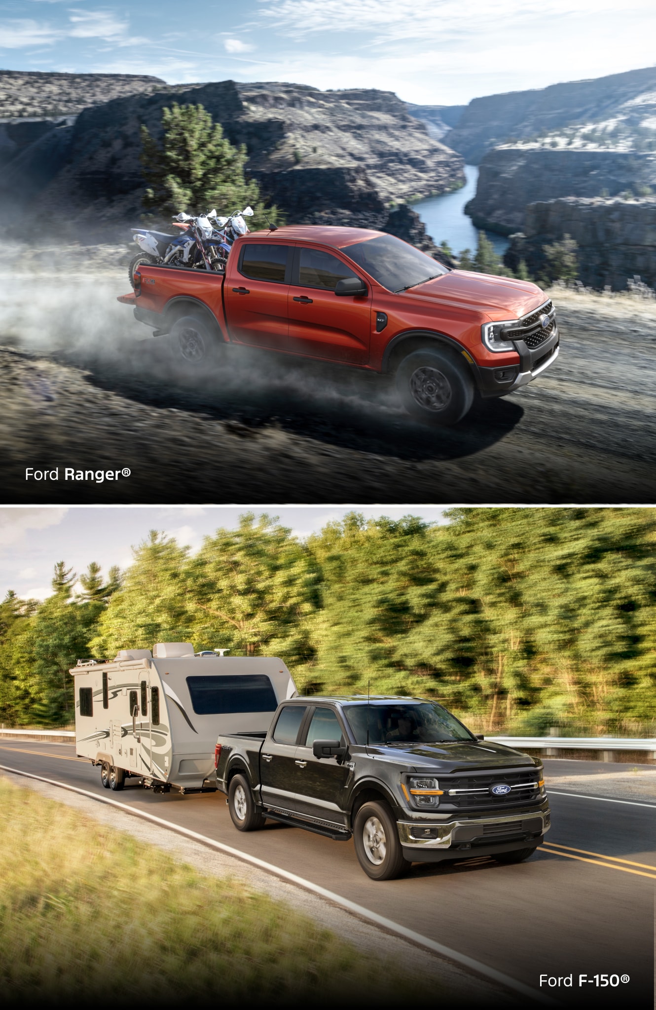 Hot Pepper Red Metallic 2025 Ford Ranger with driving on a dirt road terrain with dirt bikes in the bed and a Agate Black Metallic 2025 Ford F-150 towing an RV on the highway.