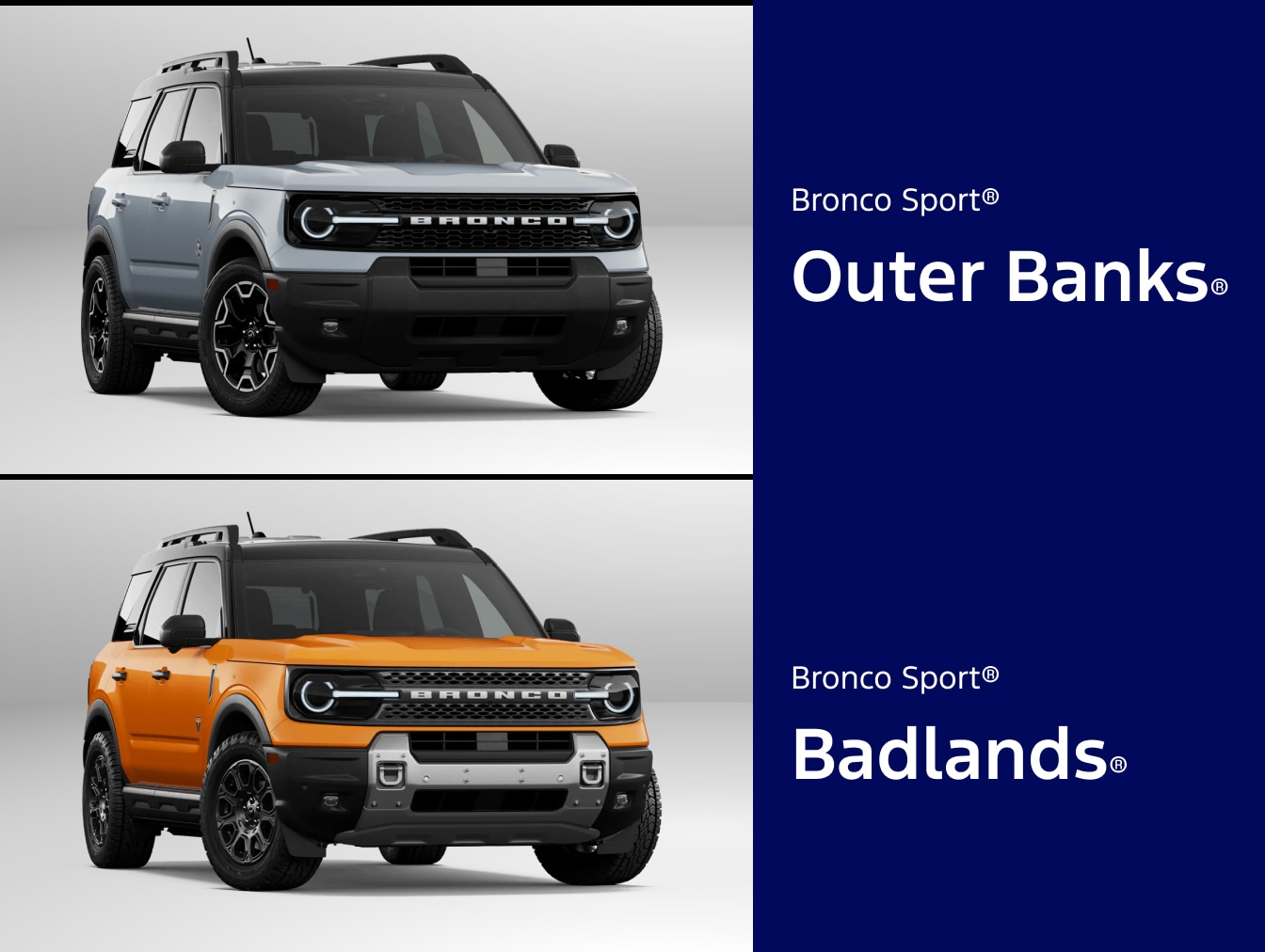 Split image showing two 2026 Ford Bronco Sport models: the Outer Banks and the Badlands trim.