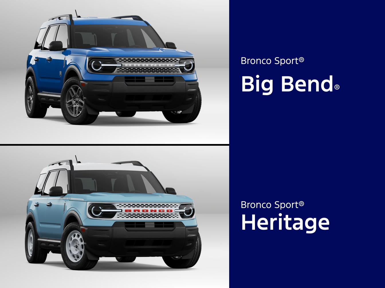 2026 Ford Bronco Sport models are shown: the Big Bend, and the Heritage trim.