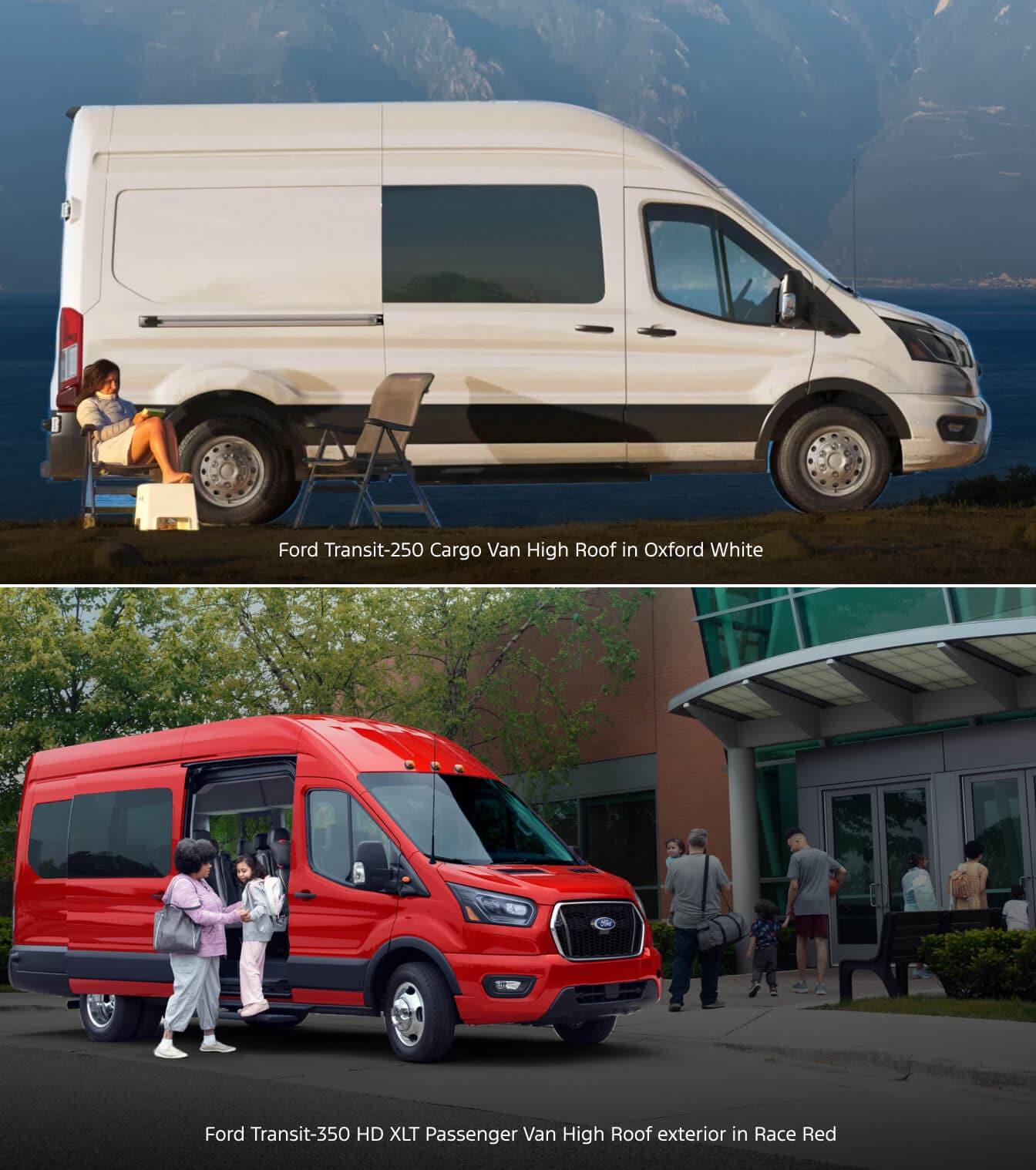 Ford Transit-250 Cargo Van High Roof in Oxford White parked near a mountain coastal bluff. Ford Transit-350 HD XLT Passenger Van High Roof exterior in Race Red parked outside a community school building.