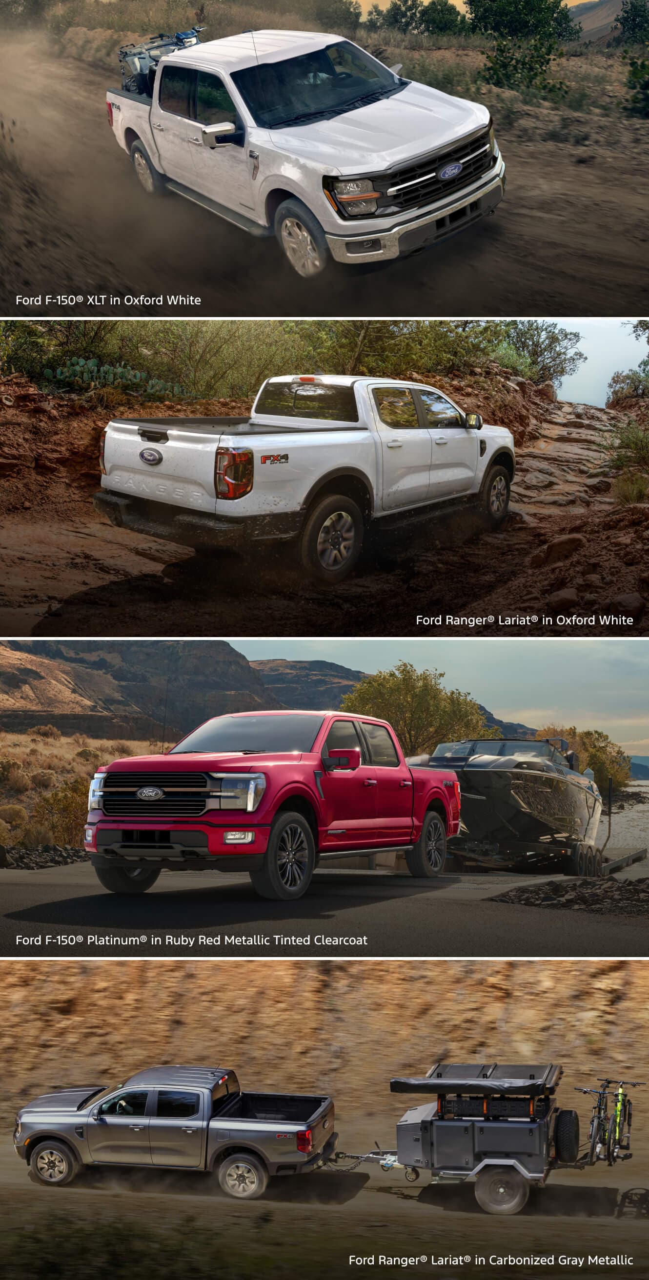 4 images of Ford 1-50 & Ford Ranger trucks in various colors driving on different types of terrain