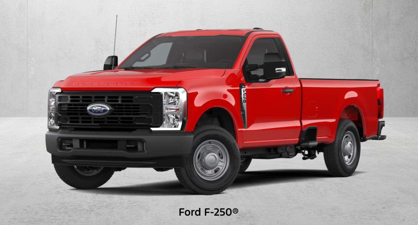 A red Ford F-250 pickup truck shown from a front three-quarter angle against a neutral gray background.