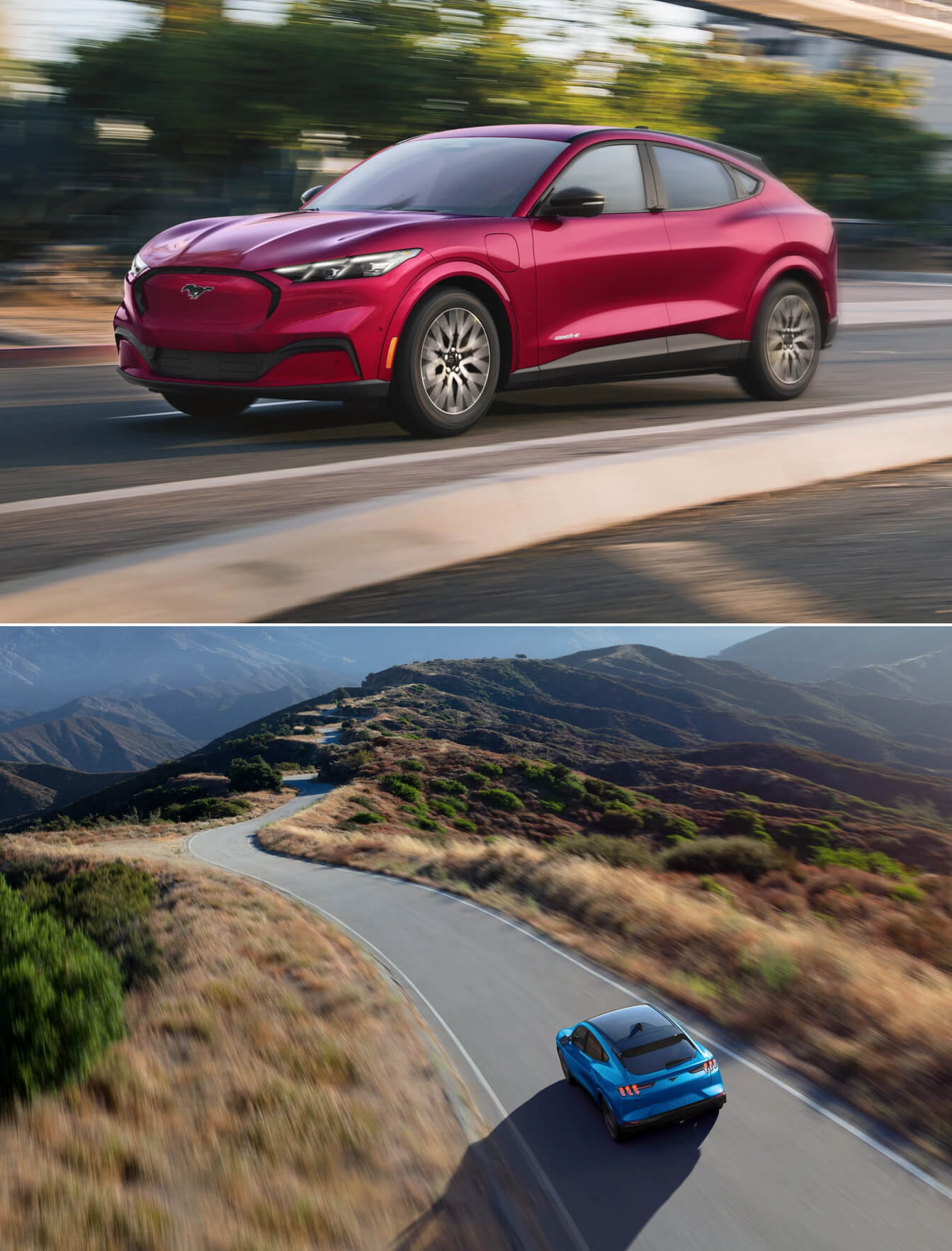 2025 Ford Mustang Mach-E in Molten Magenta Metallic and another in Velocity Blue Metallic driving in mountains