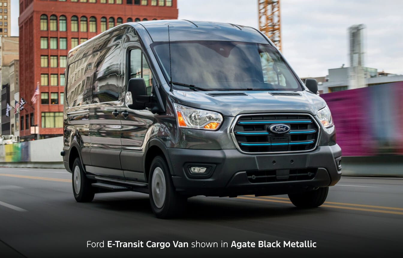 Ford E-Transit Cargo Van shown in Agate Black Metallic