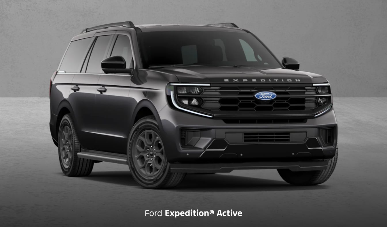 Ford Expedition Active shown from a front three-quarter view with dark exterior styling and alloy wheels.