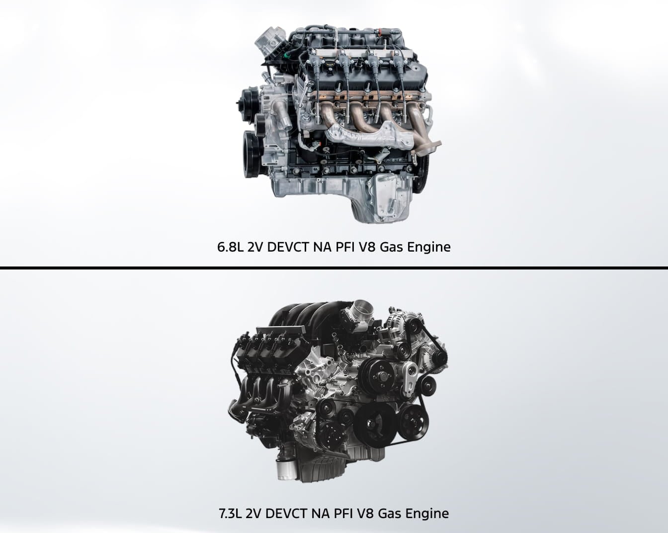 Two Ford Super Duty V8 gas engines displayed on a white background.