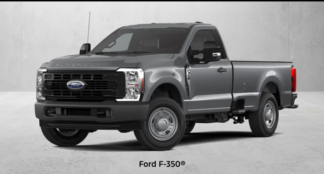 A dark gray Ford F-350 pickup truck shown from a front three-quarter angle against a neutral gray background.