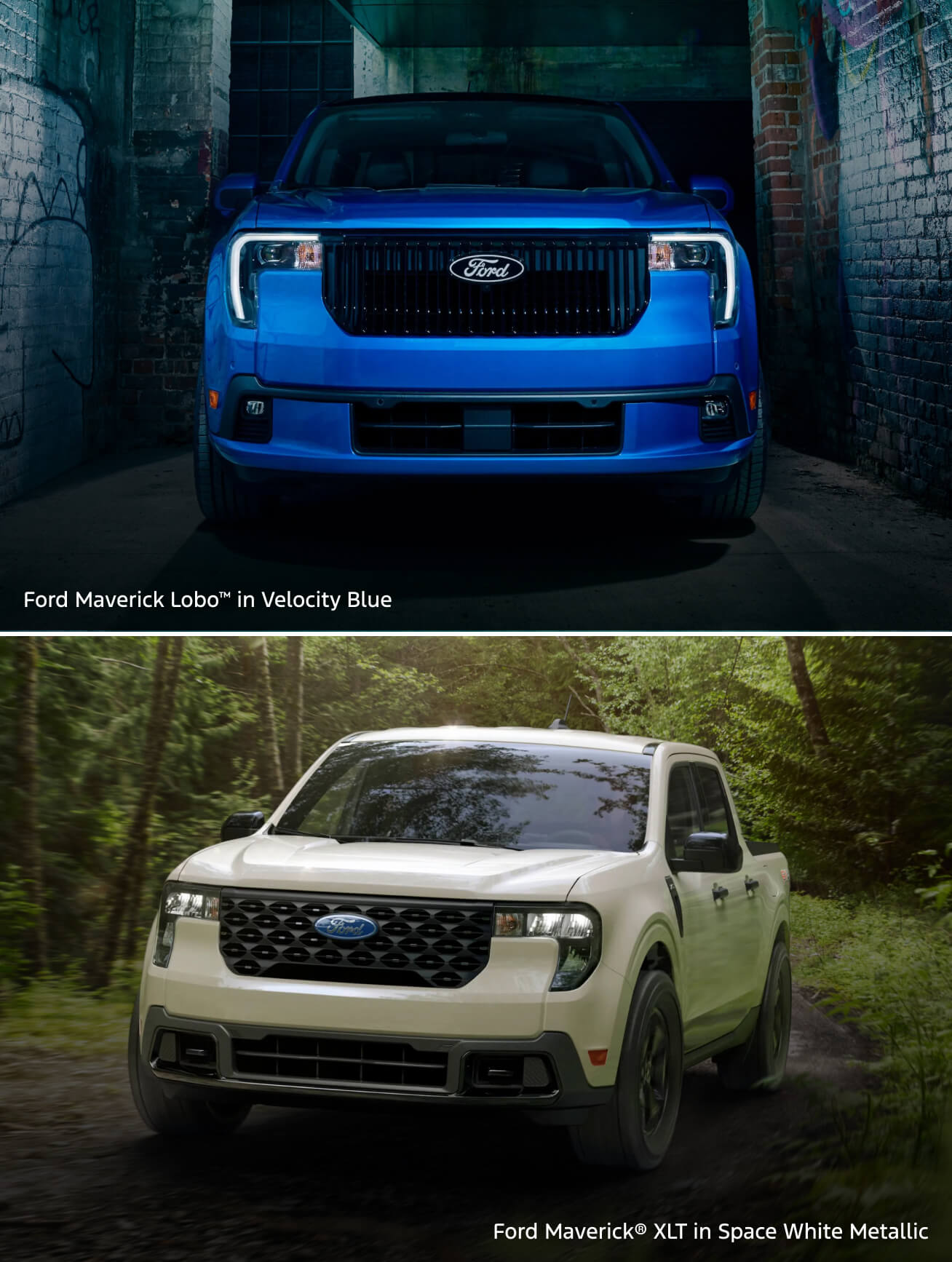 Ford Maverick Lobo in Velocity Blue parked in front of graffiti & Ford Maverick XLT in Space White Metallic parked in the woods