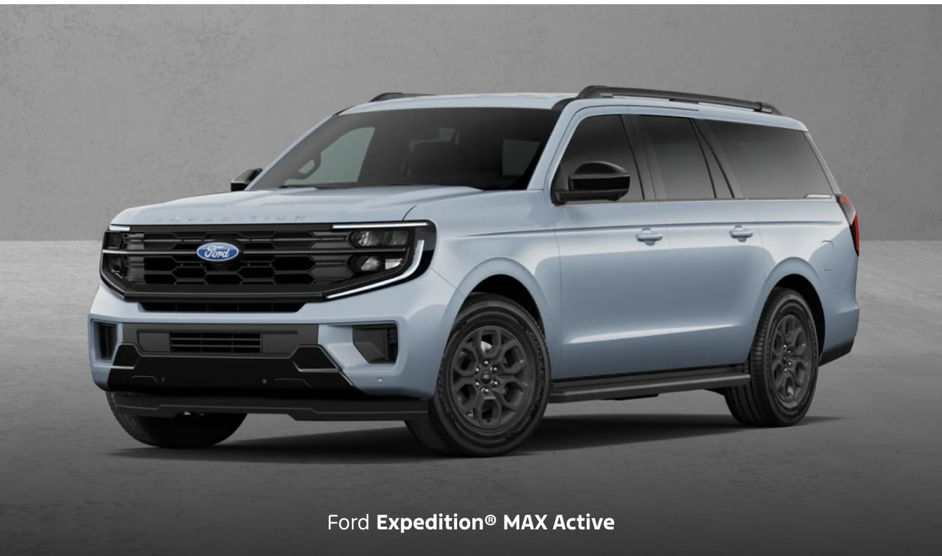 Ford Expedition MAX Active shown from a front three-quarter view with dark exterior styling and alloy wheels.