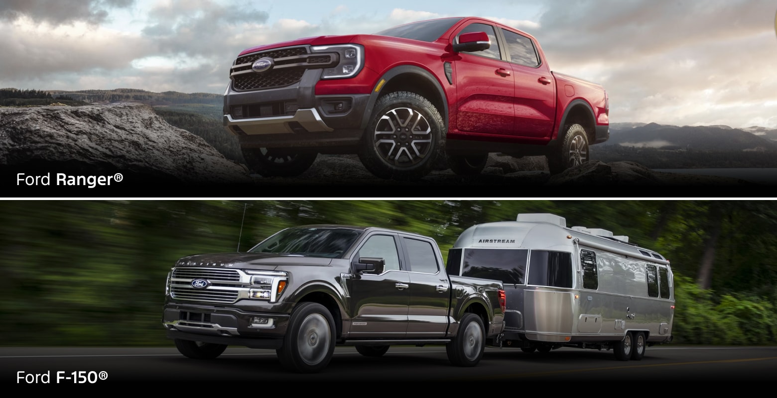 Ruby Red Metallic 2025 Ford Ranger side-by-side with an Agate Black Metallic 2025 Ford F-150 towing an Airstream