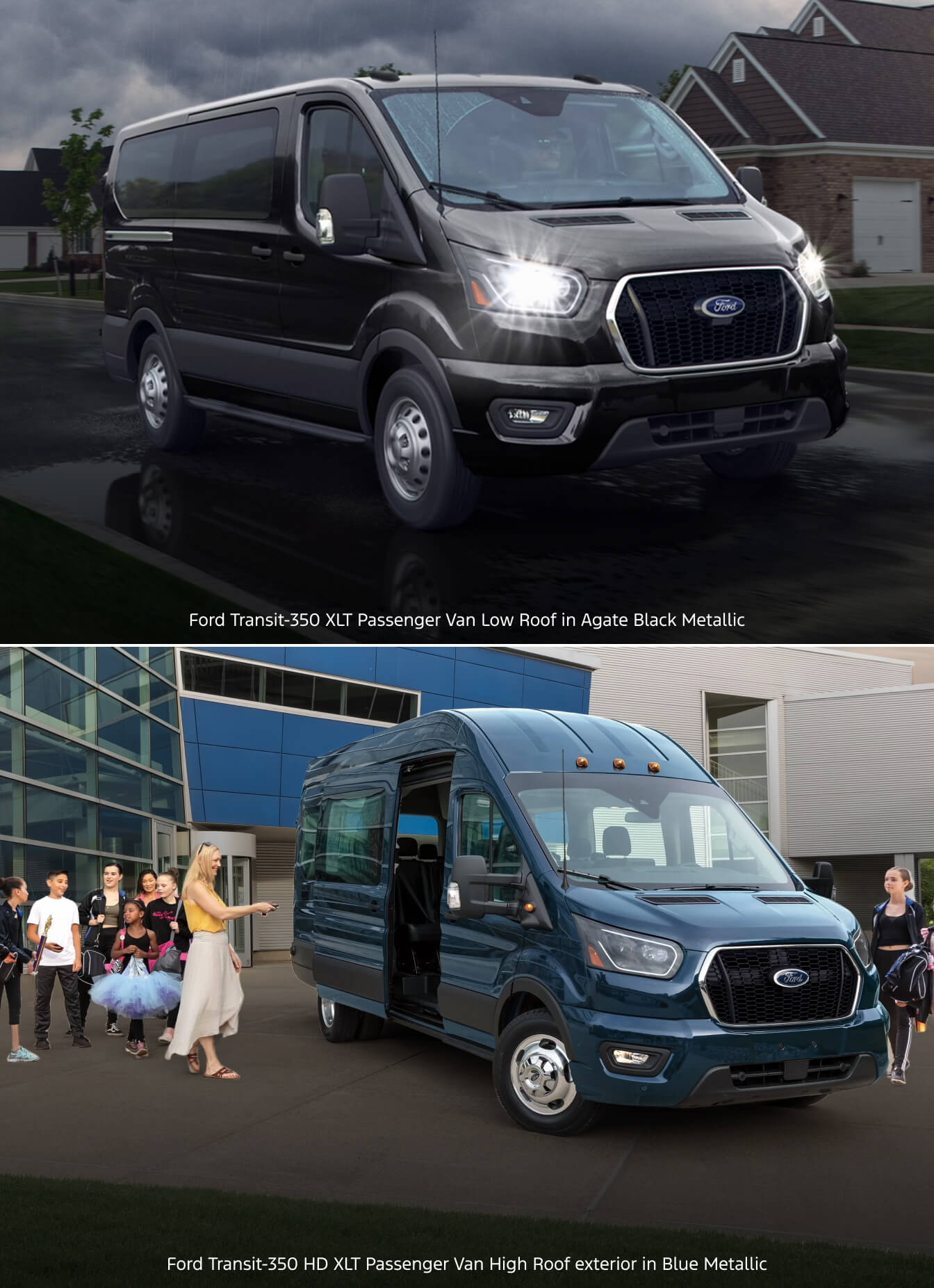 Ford Transit-350 XLT Passenger Van Low Roof in Agate Black Metallic driving on a wet suburban street. Ford Transit-350 HD XLT Passenger Van High Roof exterior in Blue Metallic exterior with passengers boarding near a modern building.