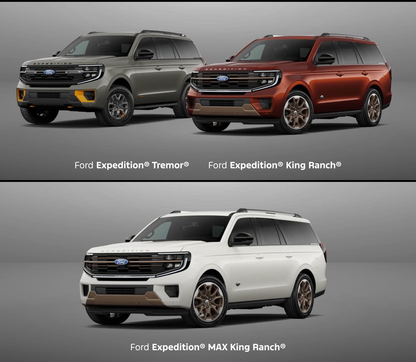 Ford Expedition Tremor, King Ranch, and MAX King Ranch models shown in different exterior colors from front three-quarter views.