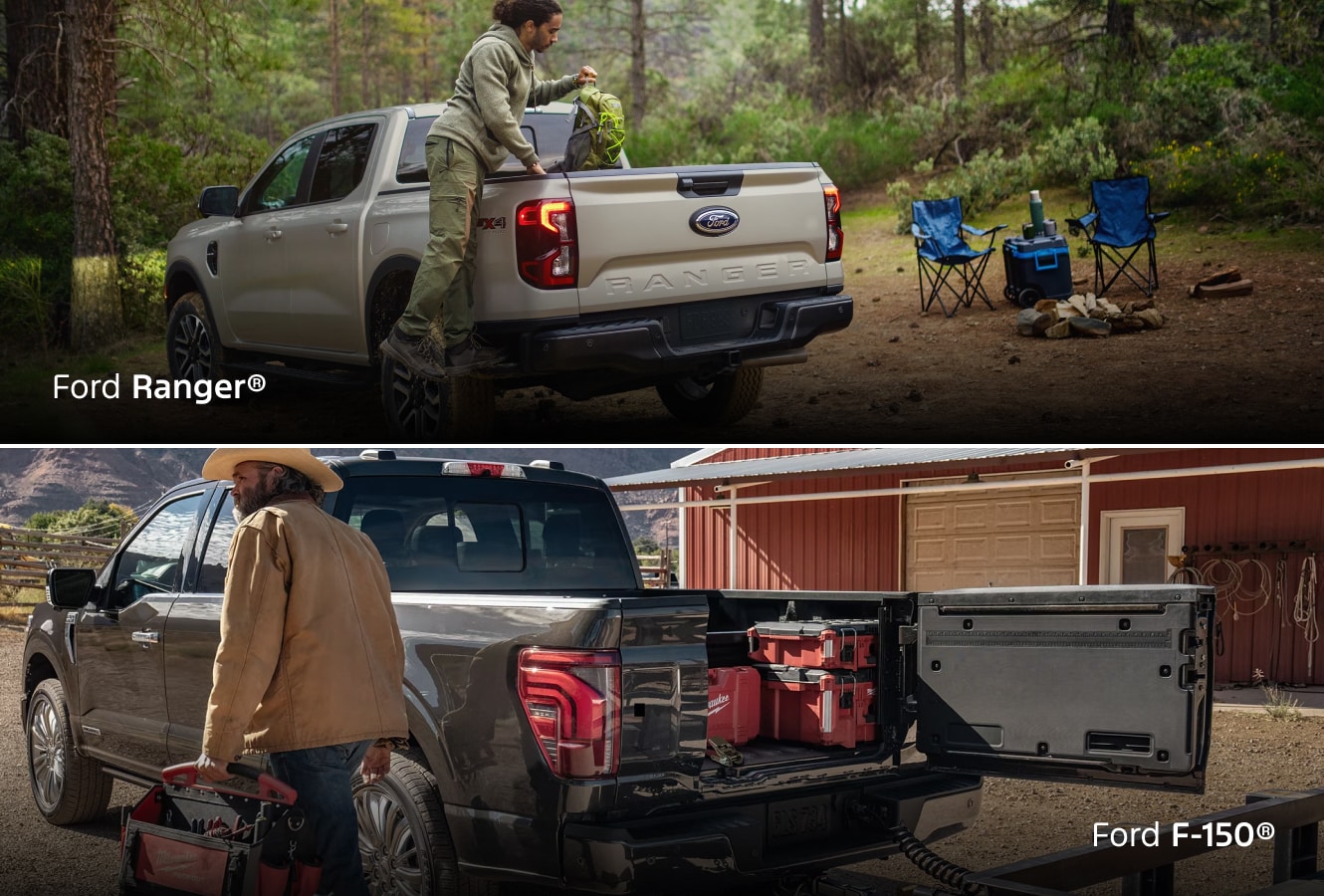 A man unpacking his 2025 Ford Ranger on a camping trip and a rancher unloading his 2025 Ford F-150 outside of a barn.