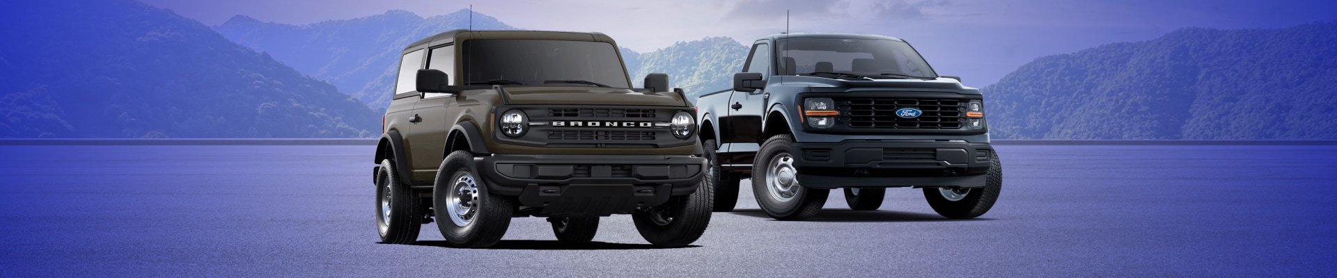 2025 Ford Bronco Sport in Marsh Gray alongside a 2025 Ford F-150 XL in Agate Black Metallic