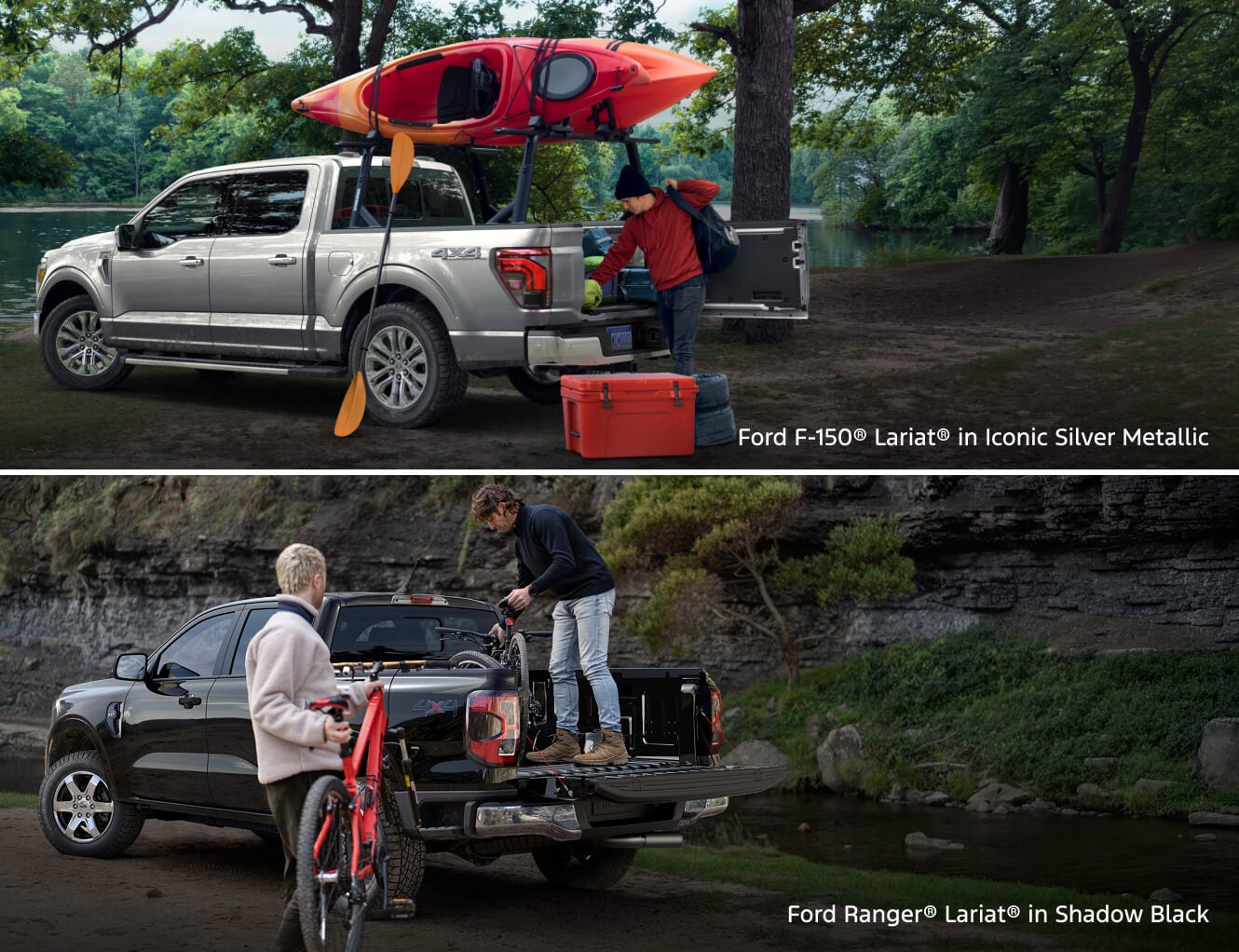 Man loading kayaking equipment into his Ford F-150 Lariat & men loading their Ford Ranger Lariot with their biking gear