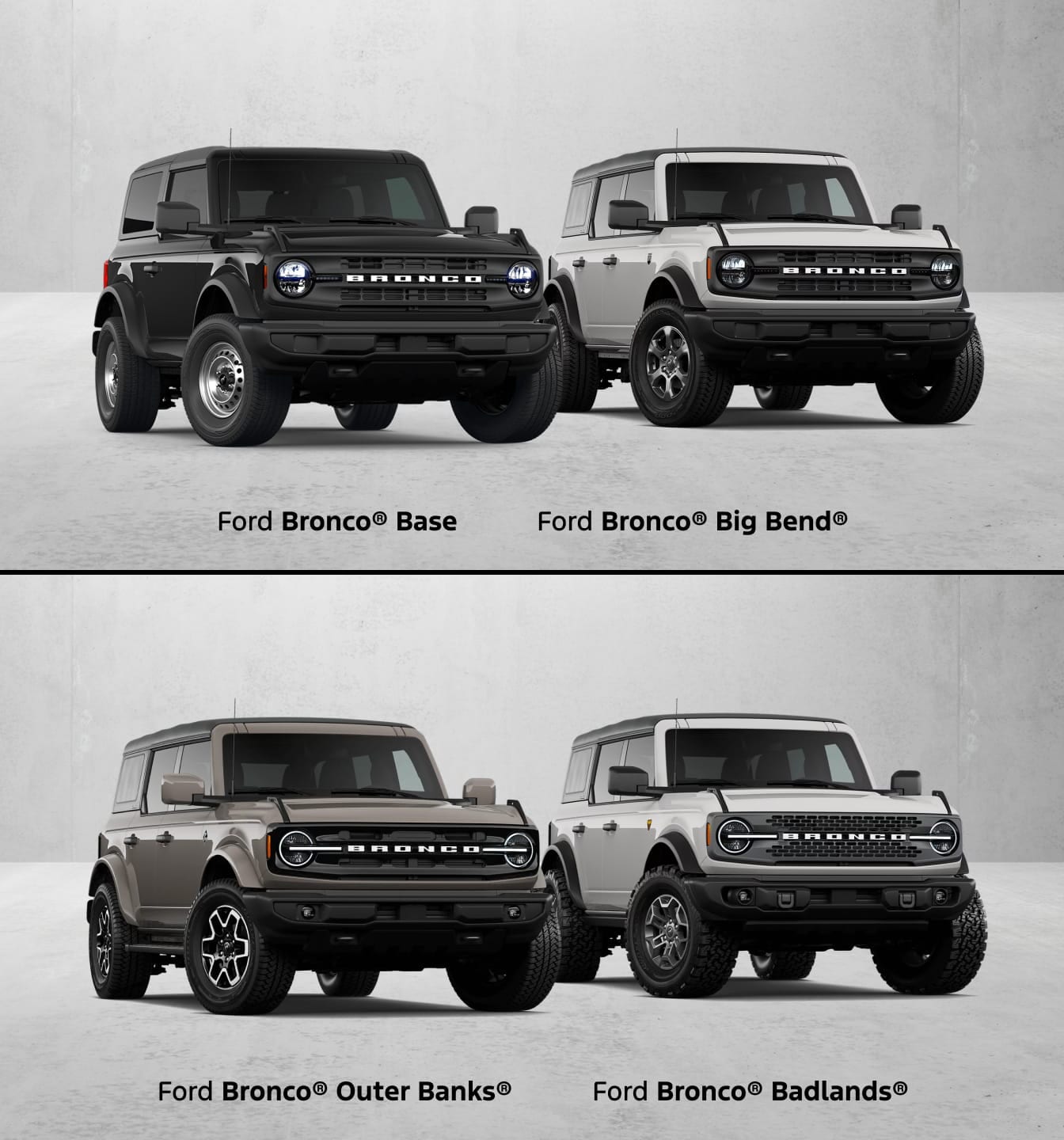 Four Ford Bronco trims pictured with their description underneath: Ford Bronco Base, Ford Bronco Big Bend, Ford Bronco Outer Banks, and Ford Bronco Badlands