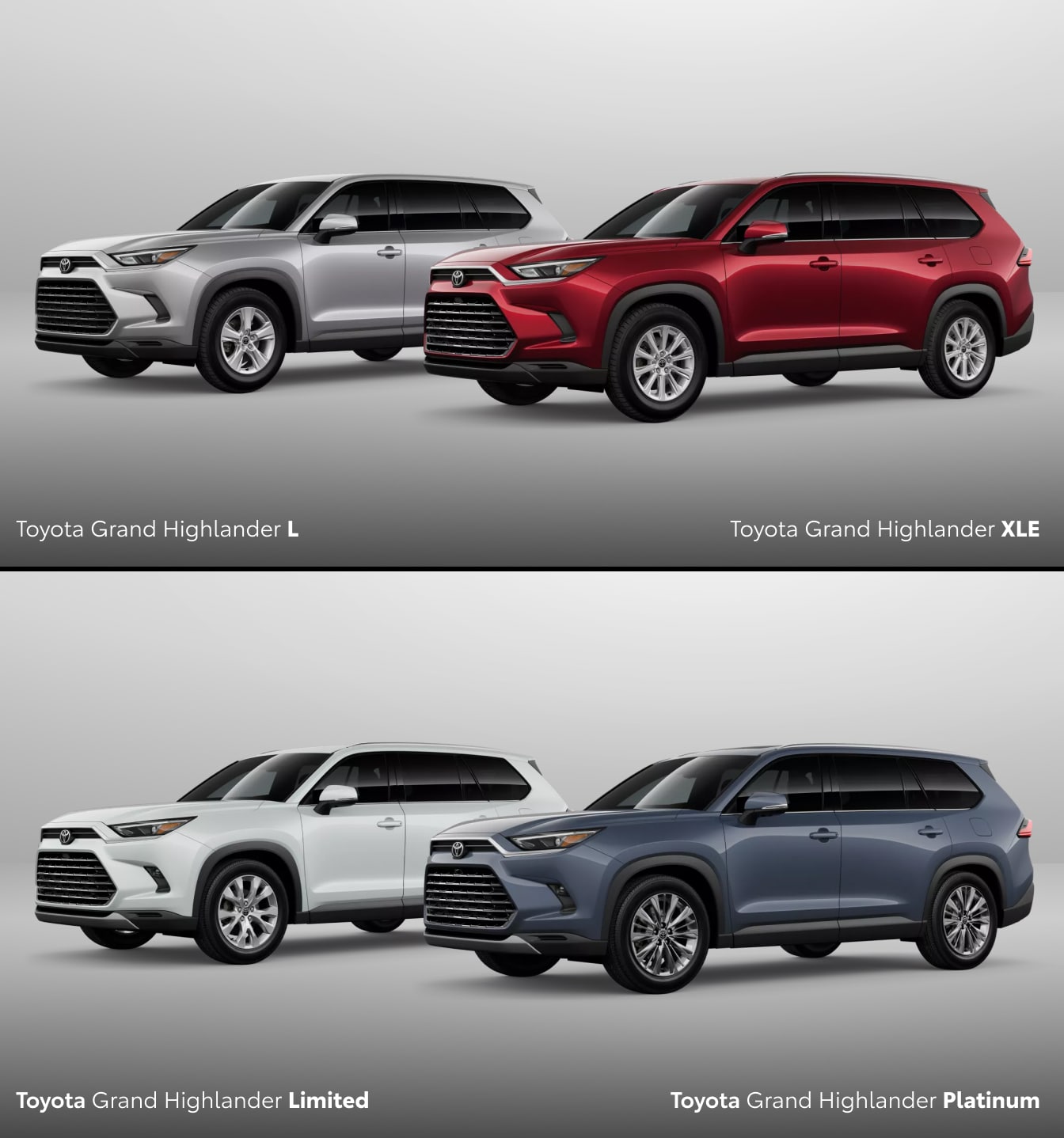 Four 2026 Toyota Grand Highlander SUVs in various colors and trims