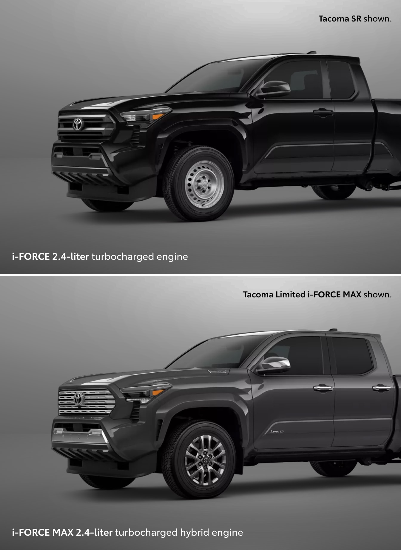 2026 Toyota Tacoma SR in black on top and a 2026 Toyota Tacoma Limited i-FORCE MAX in charcoal on bottom