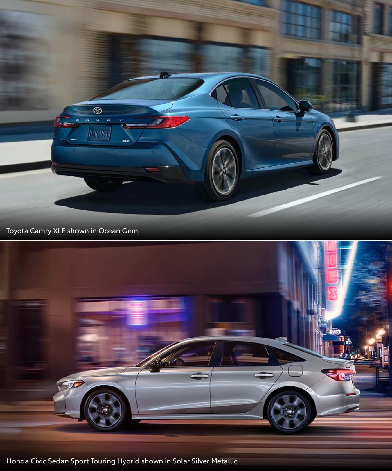 Toyota Camry XLE shown in Ocean Gem, Honda Civic Sedan Sport Touring shown in Solar Silver Metallic