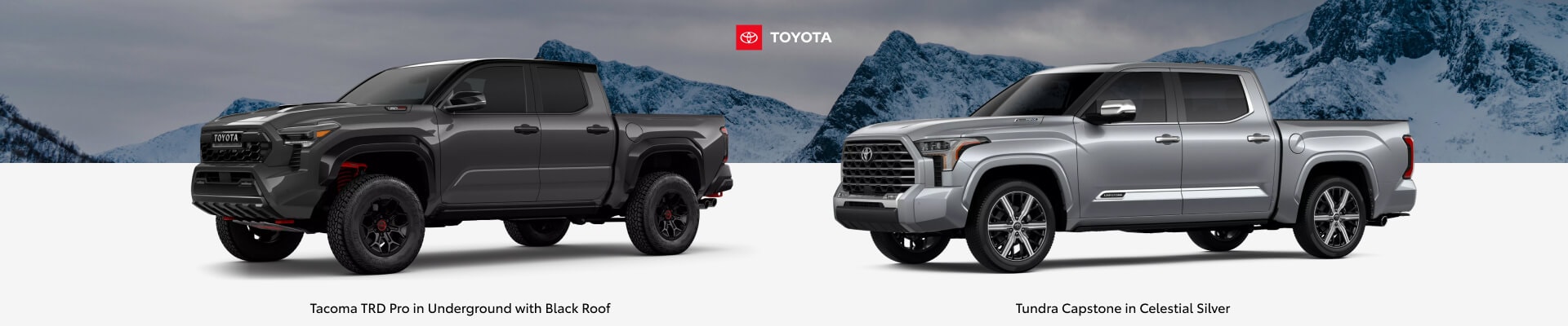 Side profiles of a gray Toyota Tacoma and silver Tundra parked against a snowy mountain backdrop.