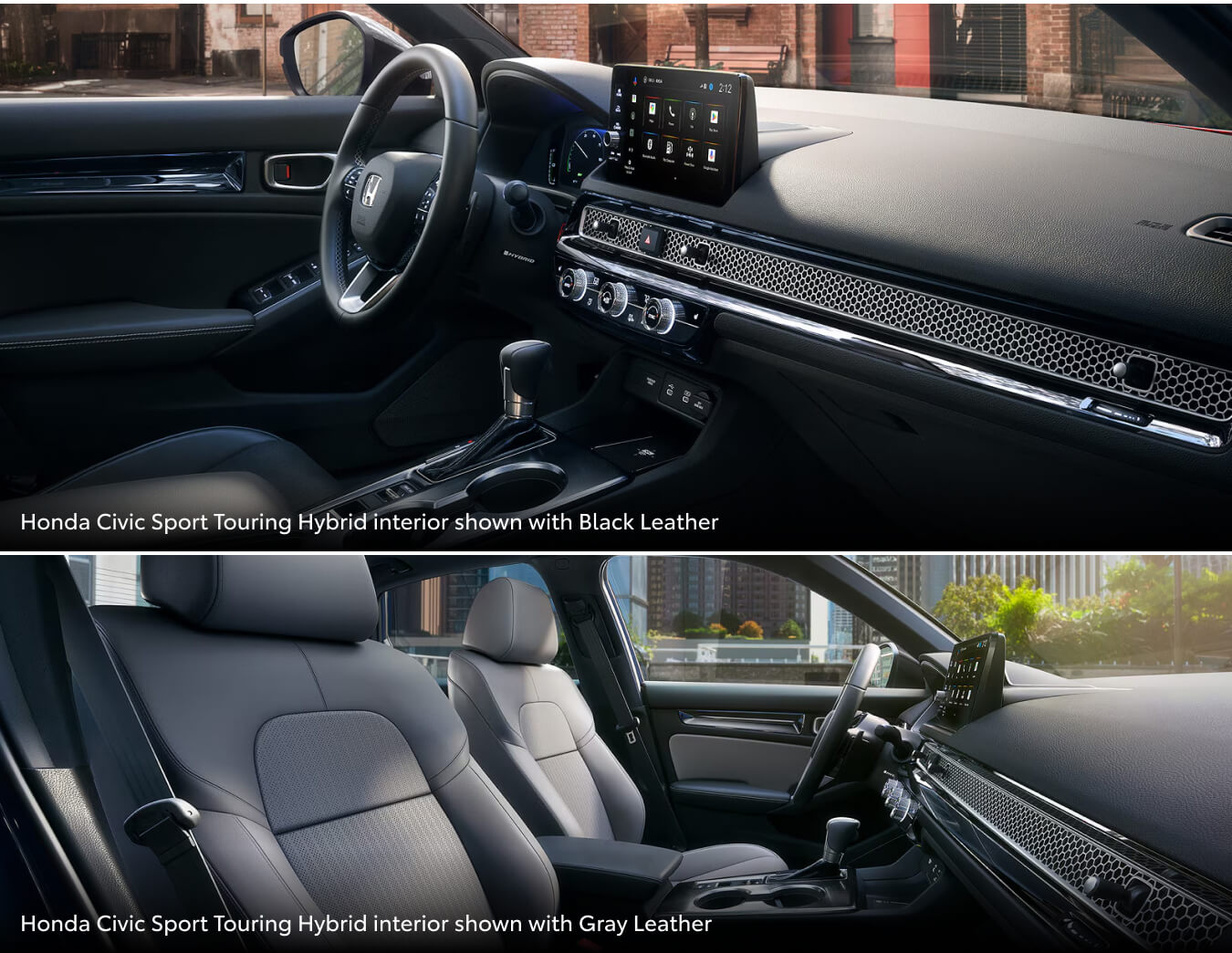 Honda Civic Sport Touring Hybrid Intenrior shown with black leather, Honda Civic Sport Touring interior shown with gray leather