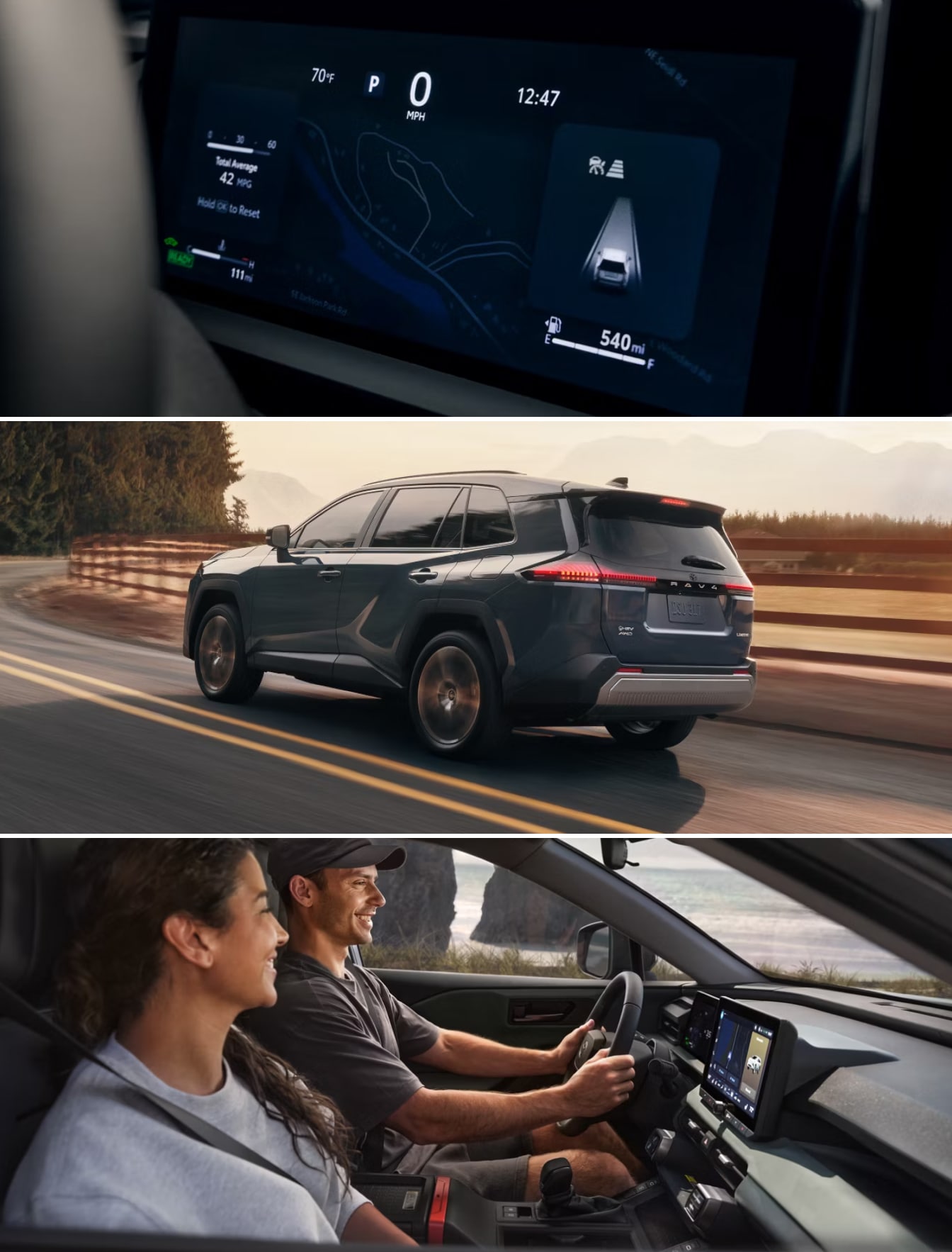 Interior & exterior shots of the 2026 Toyota RAV4 including a shot of a couple in the front seat driving