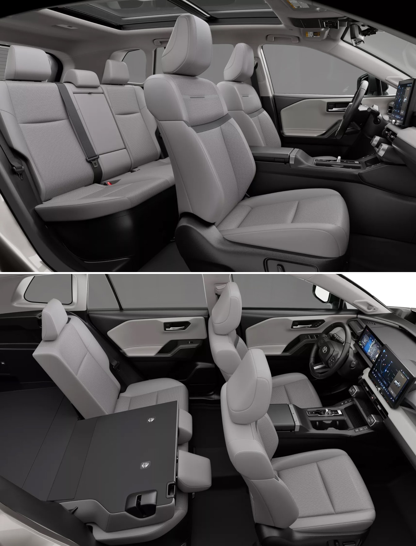 Interior images of the full cabin including a shot of a folded down backseat of the 2026 Toyota RAV4 Limited with light gray interior