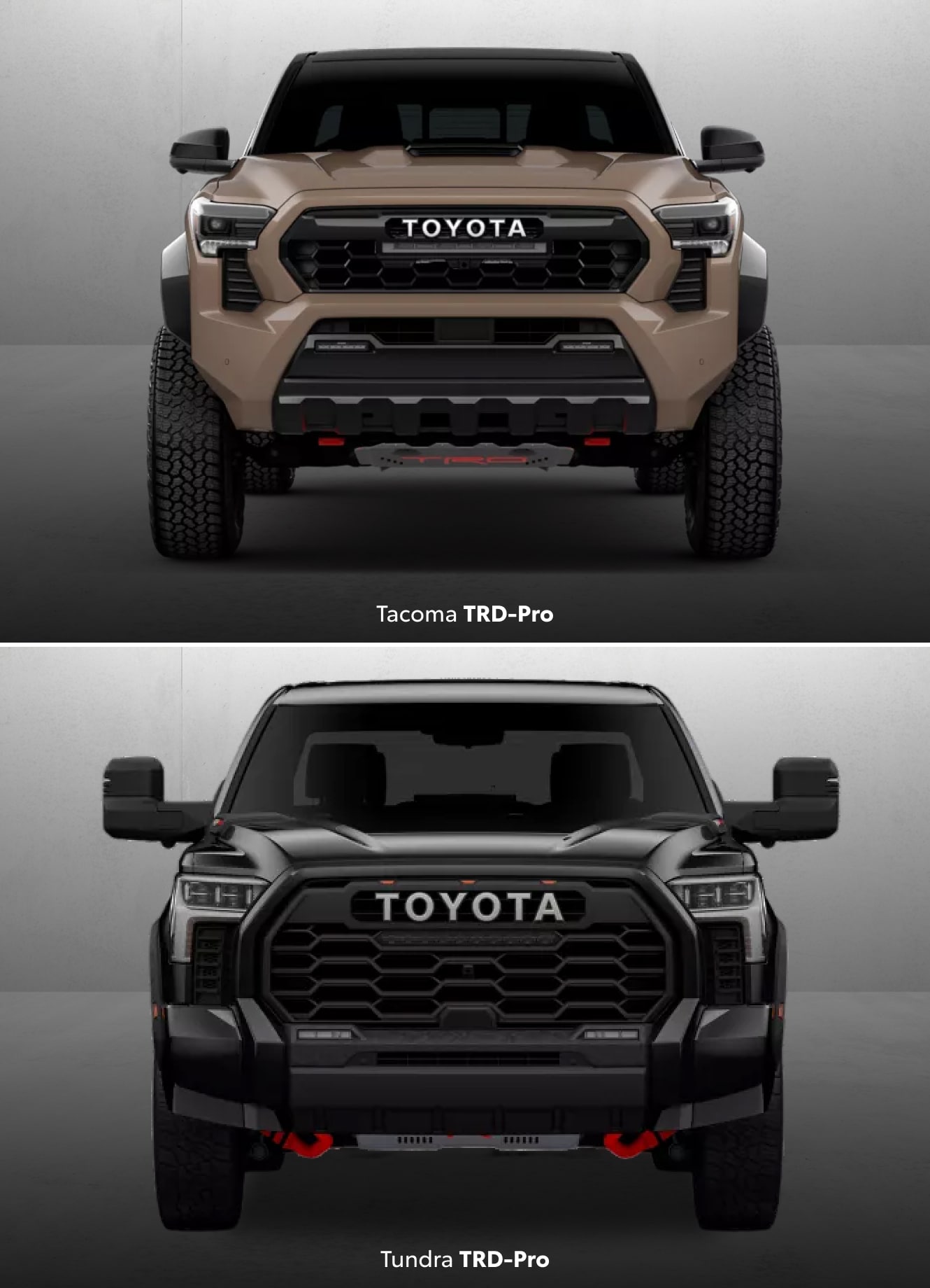 Front view of two 2025 Toyota Tacoma TRD-Pro pickup trucks: one in Mudbath & the other in Midnight Black