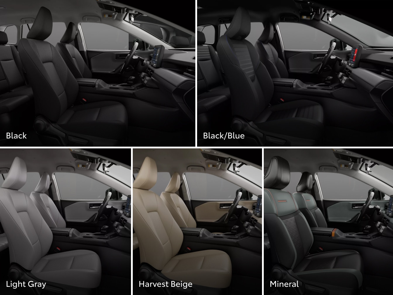 5 images displaying the various interior color options for the 2026 Toyota RAV4 including black, black/blue, light gray, harvest beige, & mineral