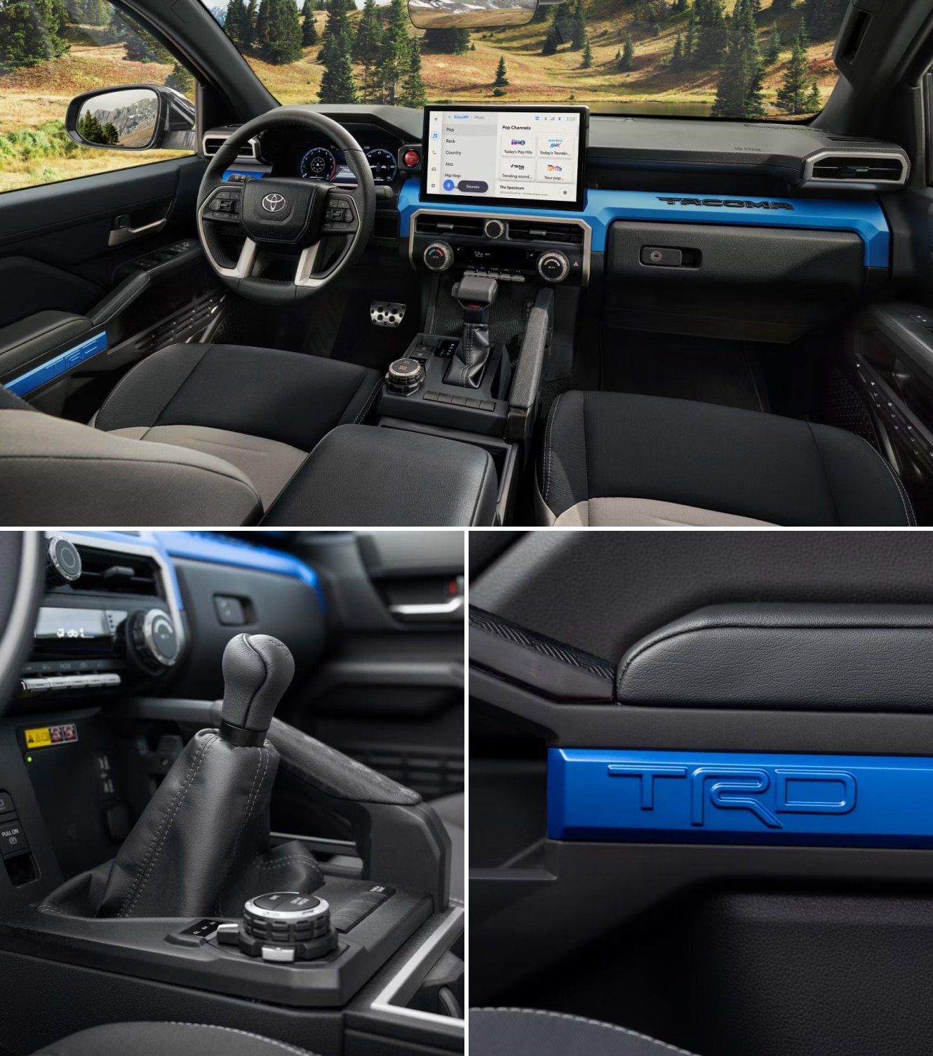 Three interior shots of a 2025 Toyota Tacoma TRD Sport in Boulder Black Fabric