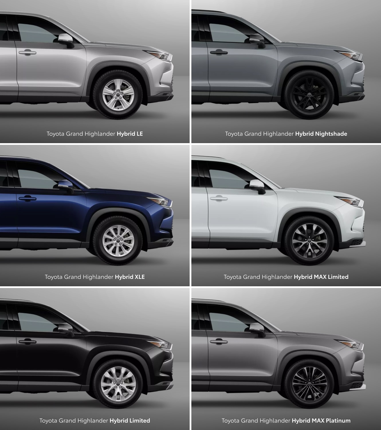 Six 2026 Toyota Grand Highlander SUVs in various trims showing off each of the 6 available exterior paint colors