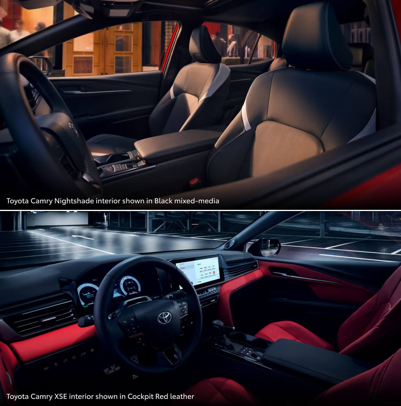 Toyota Camry Nightshade interior shown in Black mixed-media, Toyota Camry XSE interior shown in Cockpit Red leather