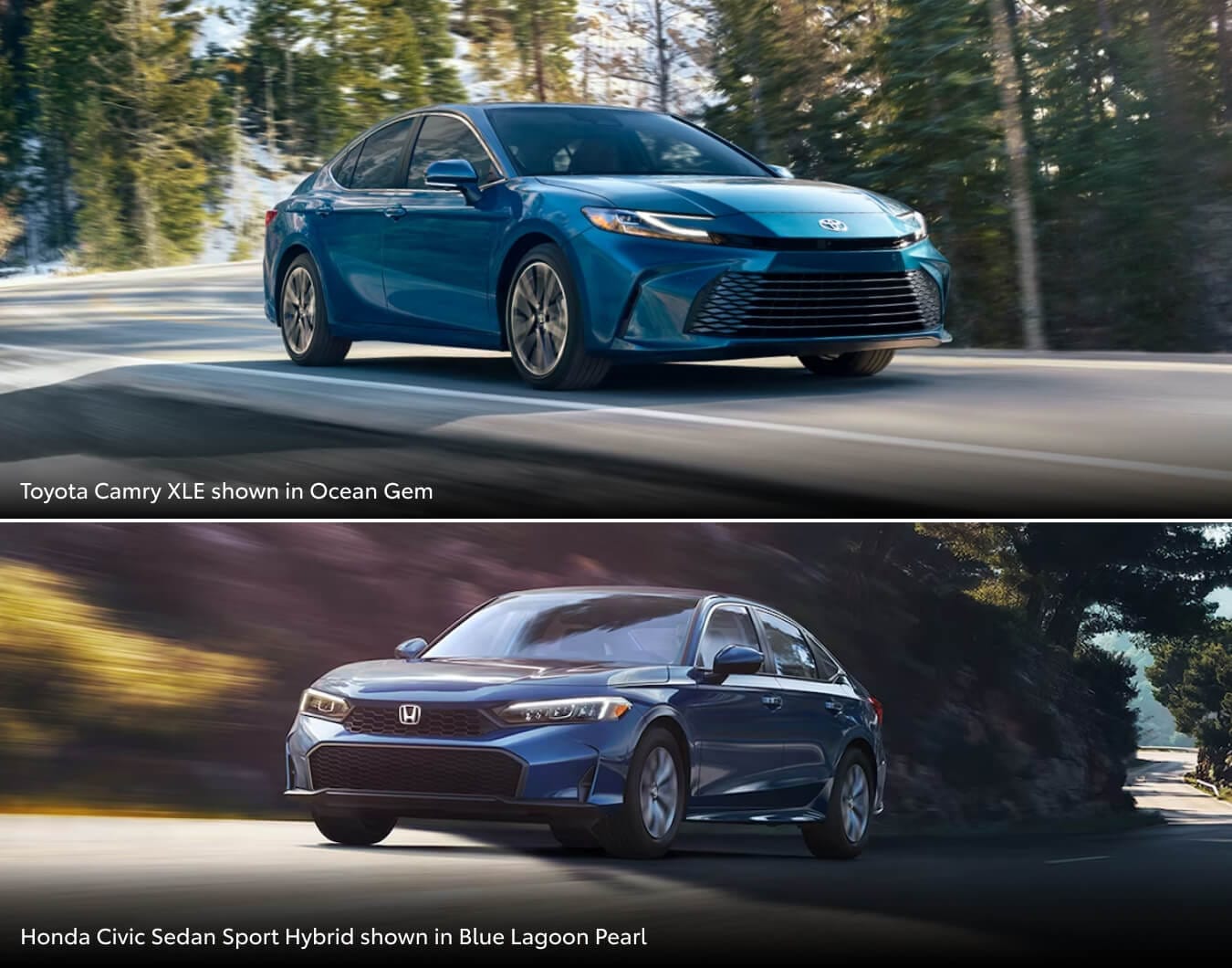 Toyota Camry XLE shown in Ocean Gem, Honda Civic Sport Hybrid shown in Blue Lagoon Pearl