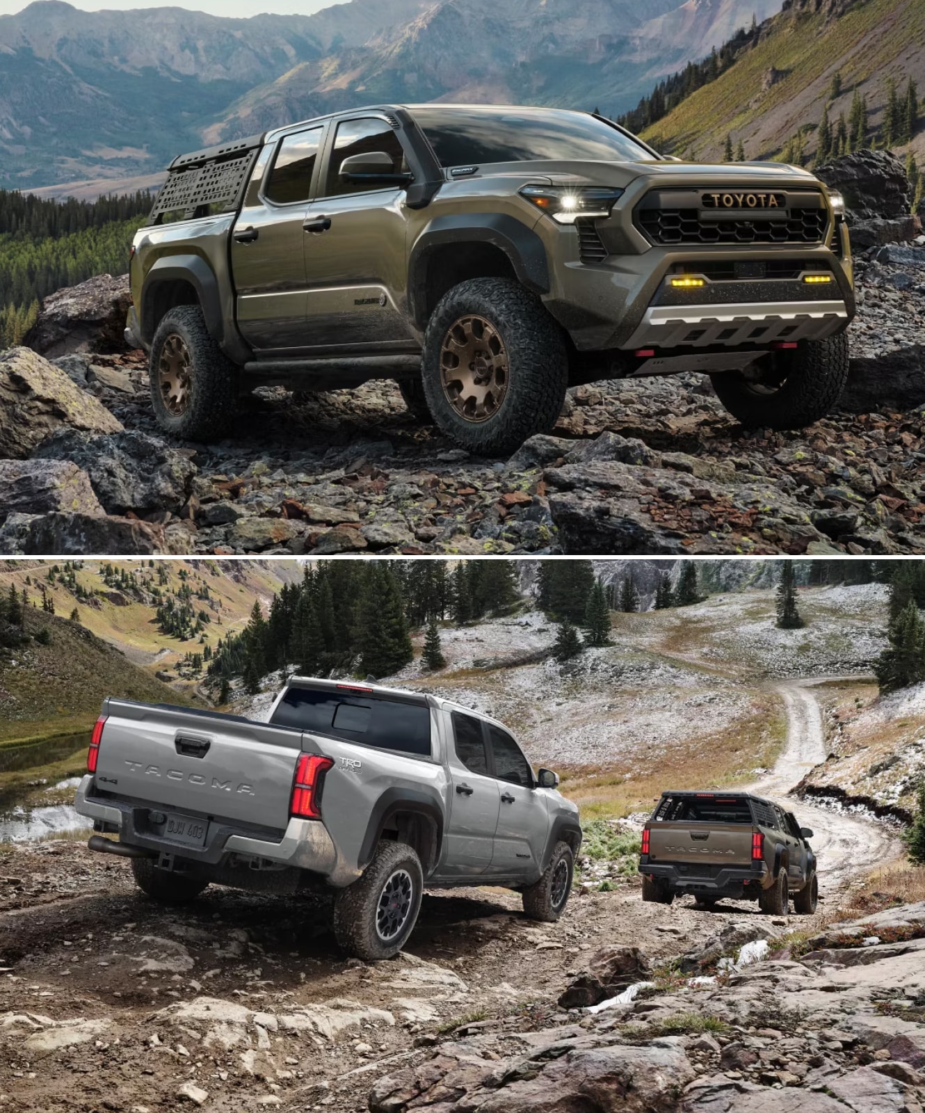 2025 Toyota Tacoma Trailhunter and Tacoma TRD-Off Road trekking through mountainous terrain
