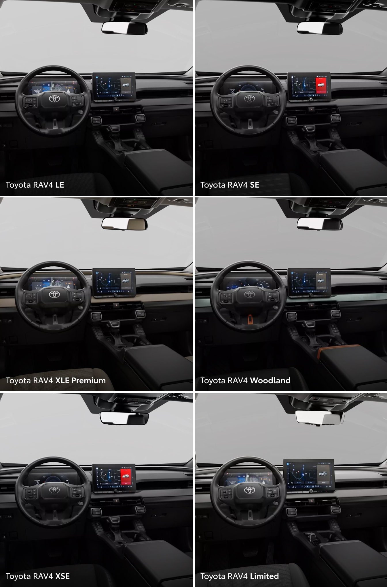 6 images of the wheel & dashboard on each of the 2026 Toyota RAV4 Trims