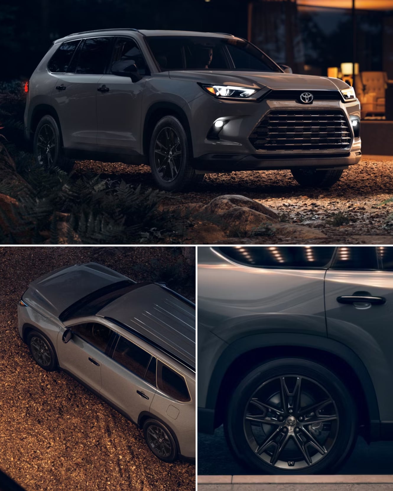 Three exterior shots of a 2026 Toyota Grand Highlander Hybrid in Cement color