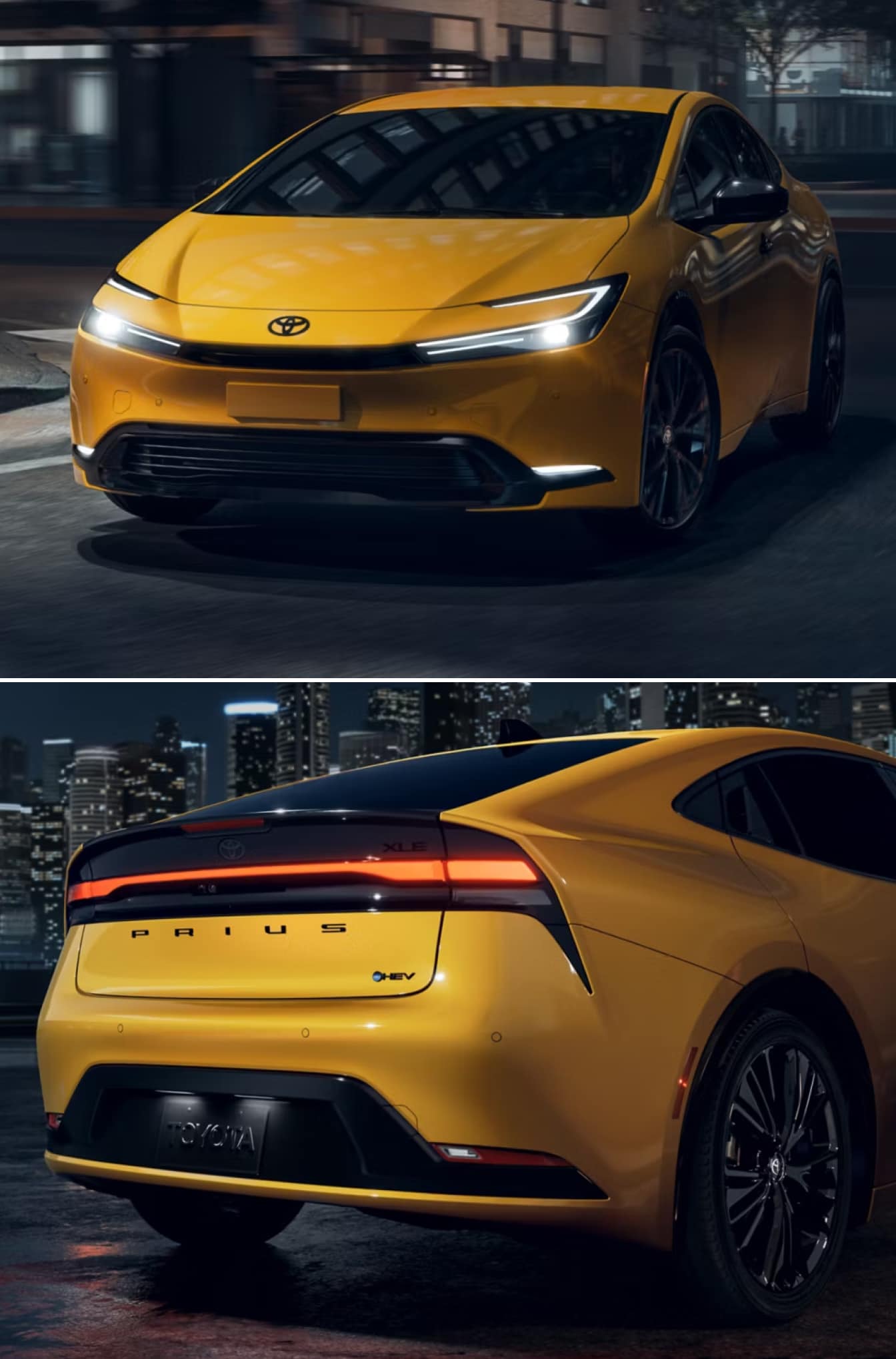 Front exterior and rear exterior of a yellow 2026 Toyota Prius Nightshade Edition