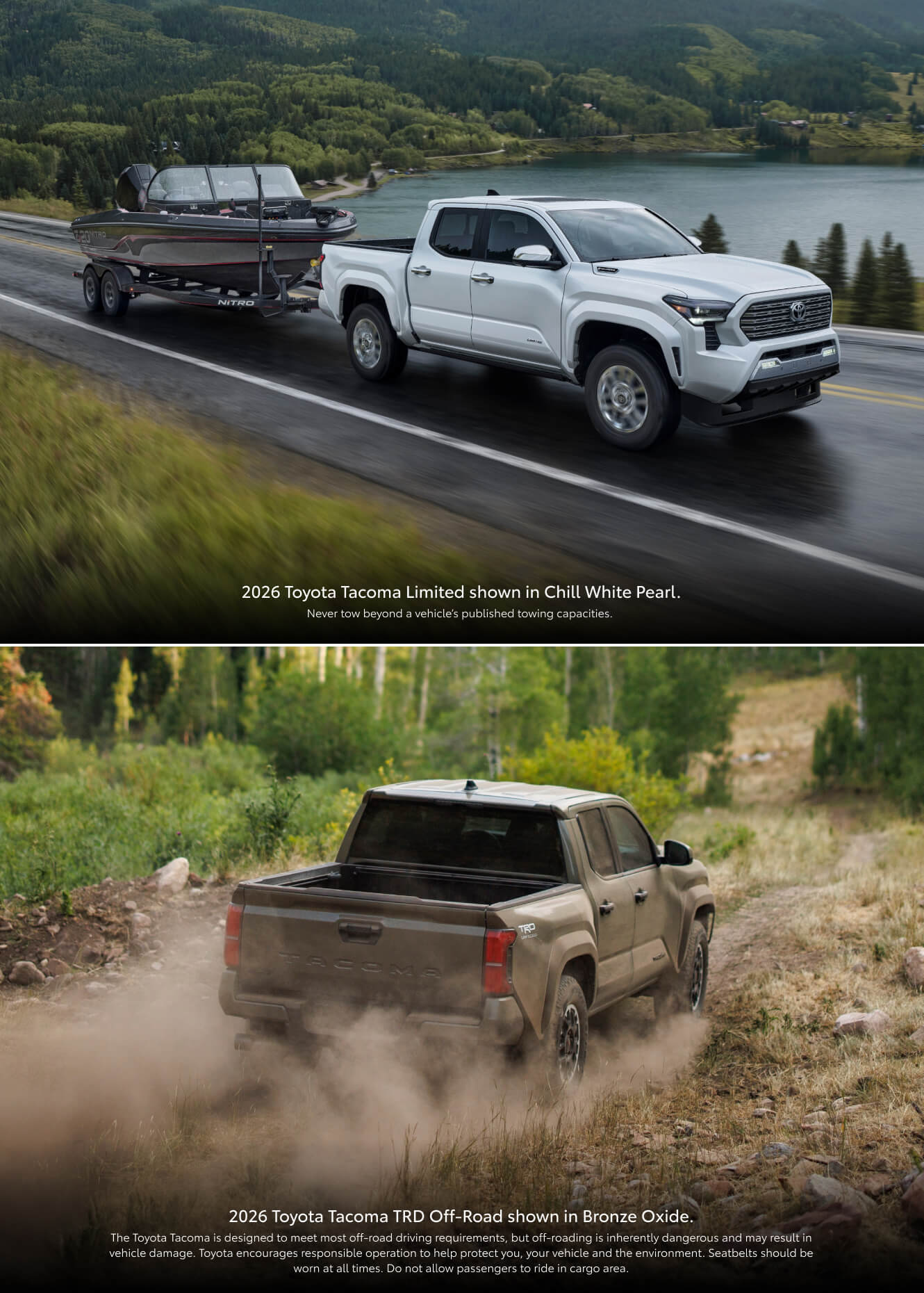 2026 Toyota Tacoma Limited towing a boat past a lake & a 2026 Tacoma TRD Off-Road kicking up dirt on a trail