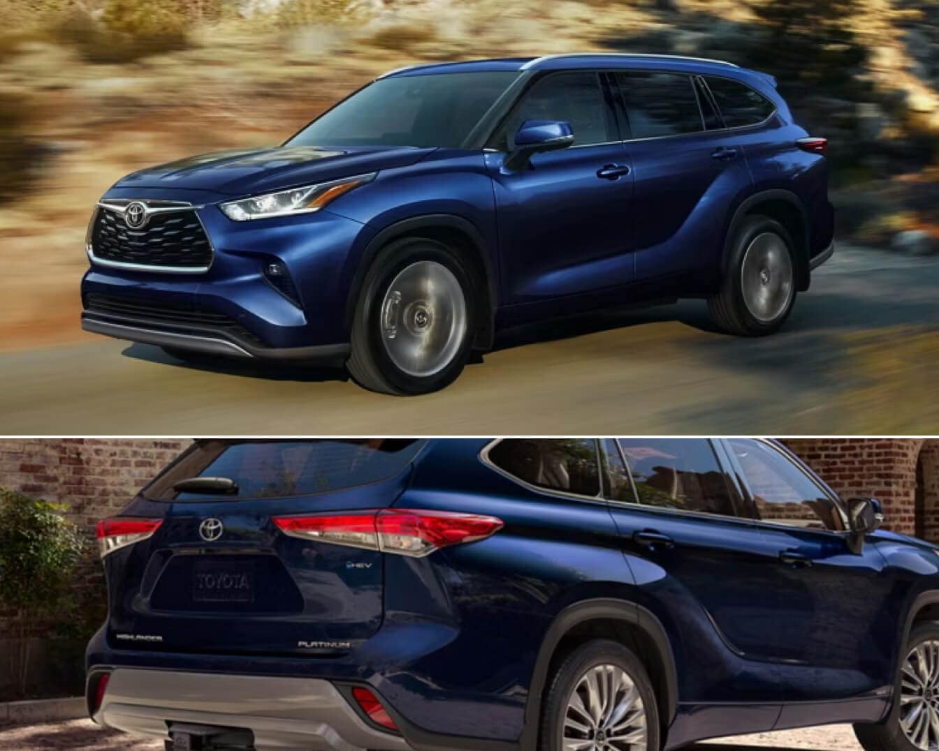 Two angles of a new Toyota Highlander Platinum shown in Blueprint Blue