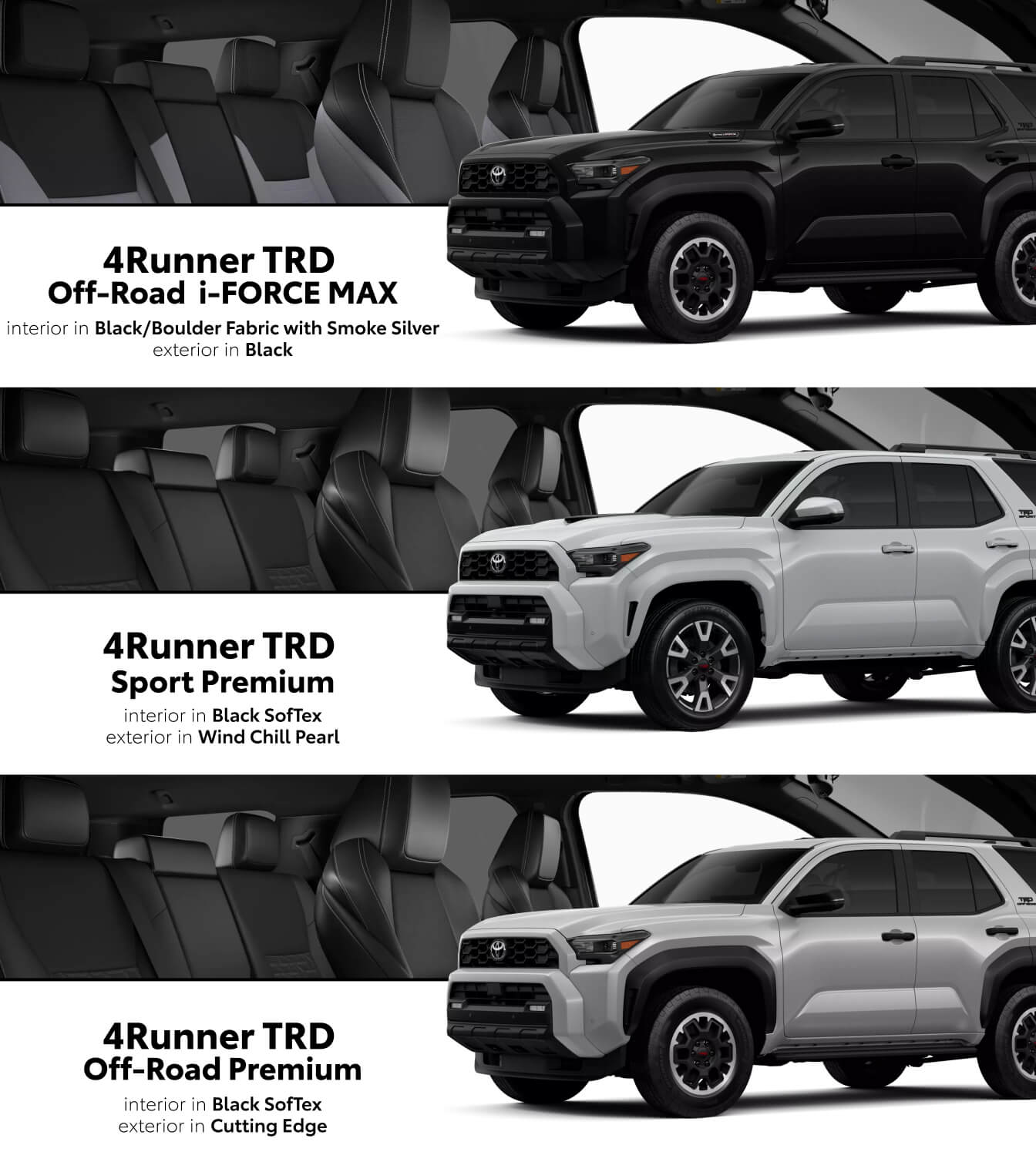 Exterior and interior shots of 3 2026 Toyota 4Runner Trims: Off-Road i-Force MAX in Black, TRD Sport Premium in Wind Chill Pearl, & TRD Off-Road Premium in Cutting Edge