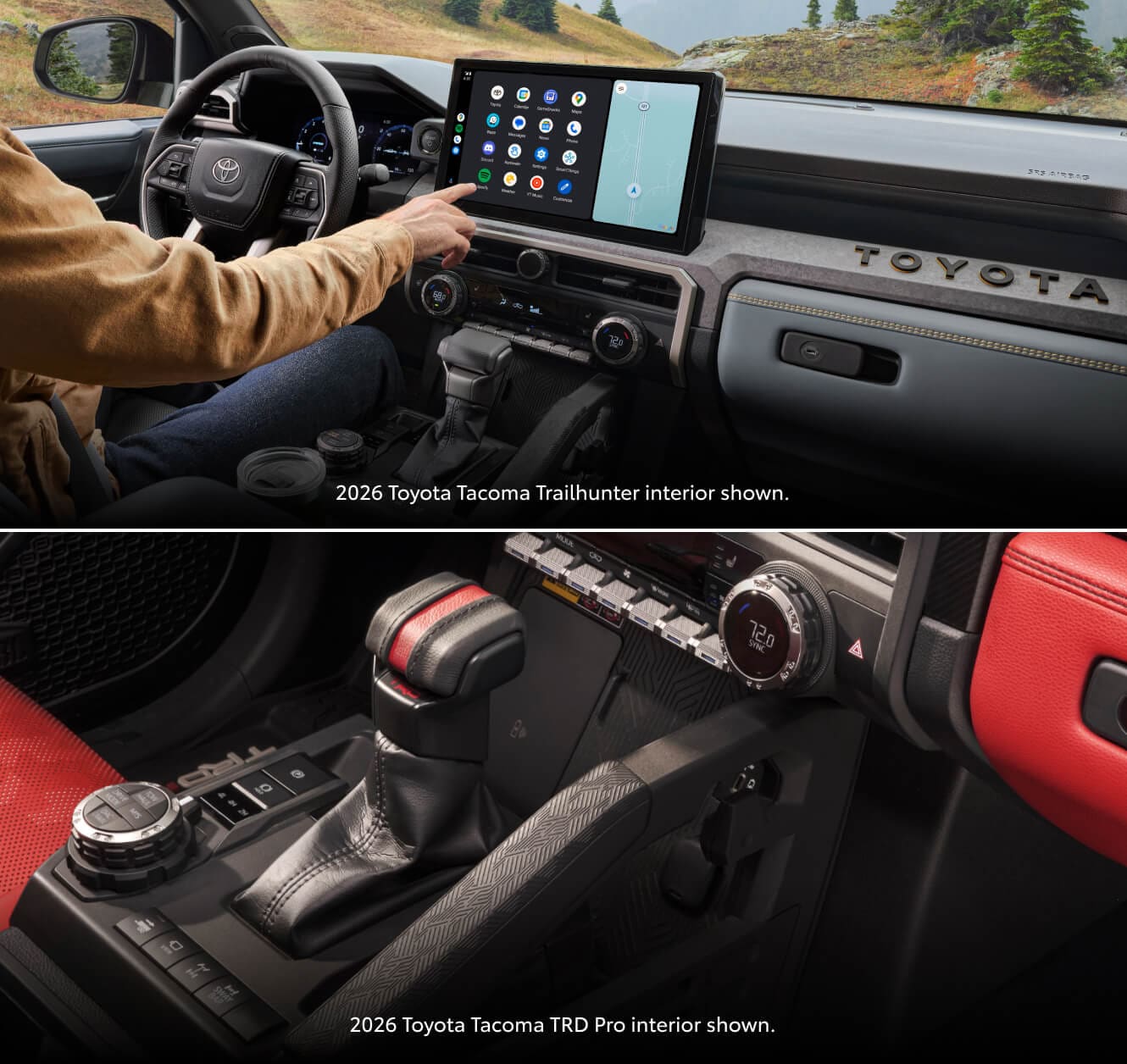 Dashboard & infotainment screen of a 2026 Toyota Tacoma Trailhunter & shifter of a 2026 Tacoma TRD Pro