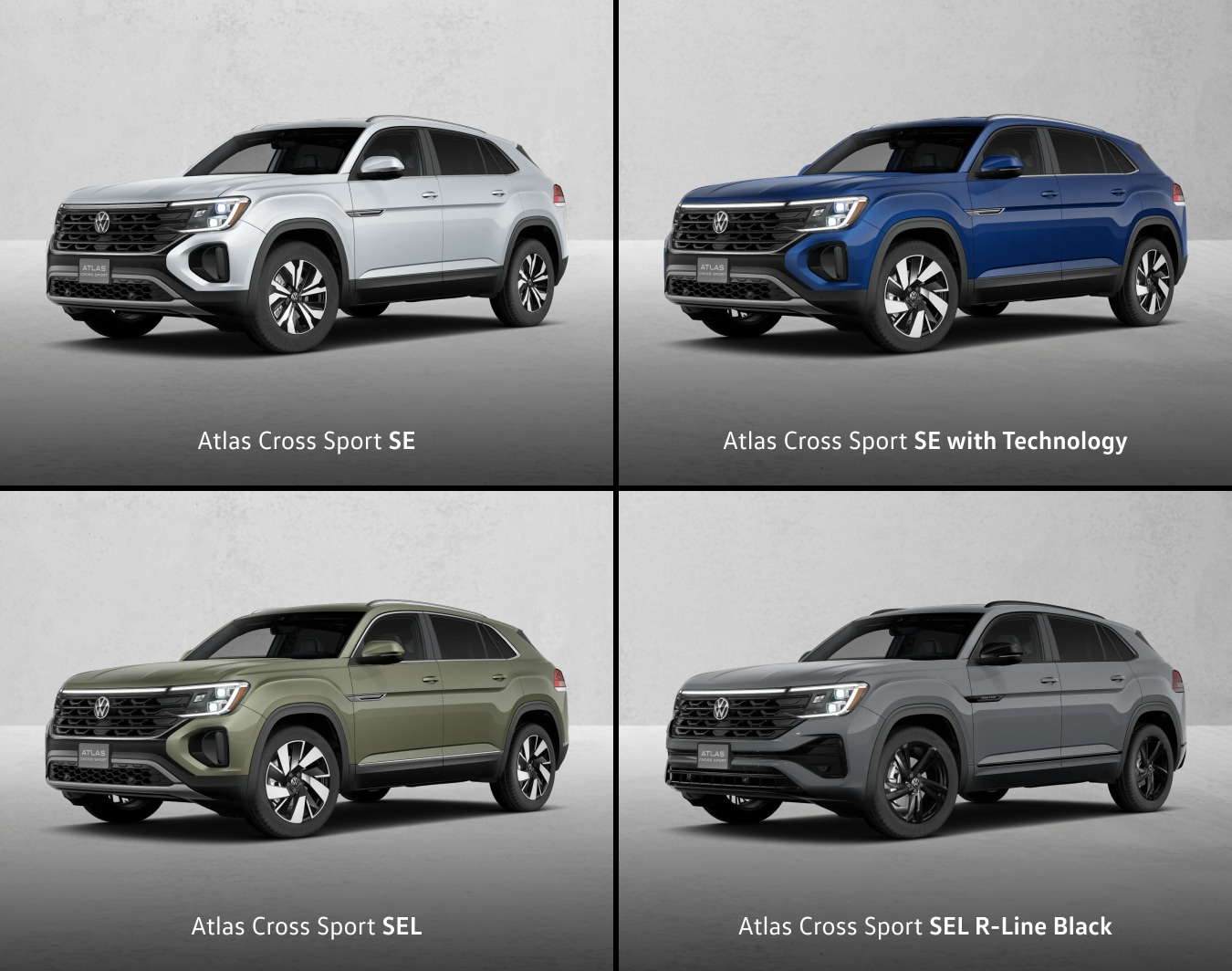 Four Volkswagen Atlas Cross Sport SUVs in various trims and colors