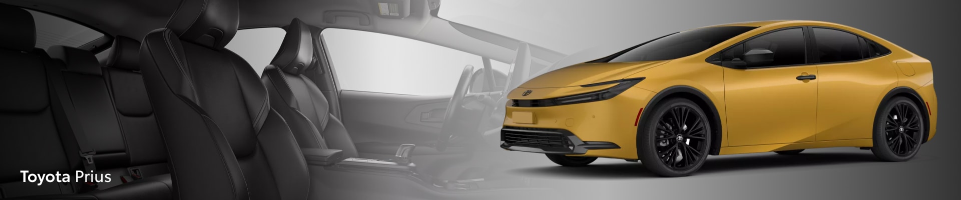 2026 Toyota Prius Nightshade Edition in yellow superimposed in front of a backdrop of the black interior of the vehicle